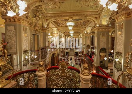 Budapest, Hungary. Oct 23,2024: The famous New York Café, one of legendary places in Hungarian capital & historically graced by all leading lights of art, culture & literature, is known as the World's Most Beautiful Coffee House. Part of New York Palace, built in eclectic Italian Renaissance-style, this popular venue haunted by stories, legends & traditions, celebrates today the 130th anniversary of its opening on 23 October 1894 & the 70th year of its reopening in 1954 after WWII serving a multicultural cuisine inherited from the Austro-Hungarian Monarchy. Credit: Kevin Izorce/Alamy Live News Stock Photo