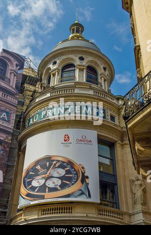 Paris, France, Close up, Shopping, Printemps Department Store, Detail Front Sign, Olympics Sponsoring, Outdoor Advertising, Poster, 'Omega Watches' Stock Photo