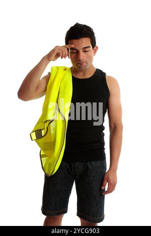 Construction worker headache, dilemma Stock Photo