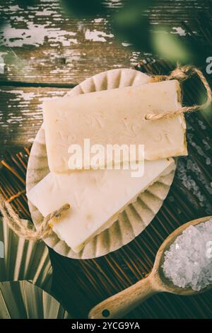 Organic handmade soaps, bath salt, wellbeing and relaxation concept Stock Photo