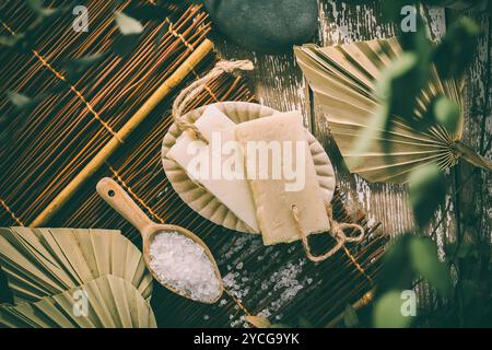 Organic handmade soaps, bath salt, wellbeing and relaxation concept Stock Photo