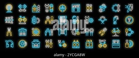 Bicycle repair service neon icons set vector. Bicycle workshop, mechanic fixing bike transport, wheel, wrench tool, pump, lubricant oil illustrations Stock Vector