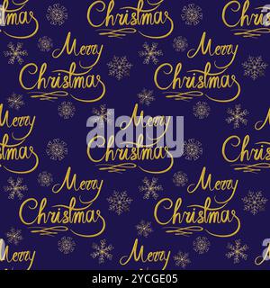 Merry Christmas golden lettering and snowflake seamless pattern. Winter holidays related background. Calligraphic banner design Vector vintage vector Stock Vector