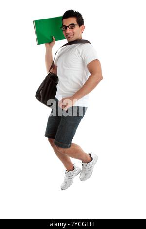 Jumping student holding book Stock Photo