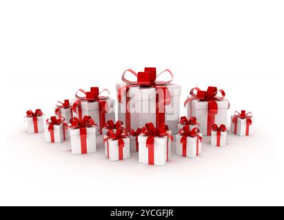 Gift box wrapped in white paper with red ribbon bow, isolated on white background Stock Photo