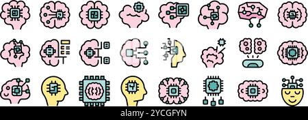 This set of icons features various depictions of artificial intelligence, highlighting the interplay between human minds and computer processing power Stock Vector