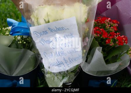 Datchet, Berkshire, UK. 23rd October, 2024. Floral tributes and messages have been laid outside Liquid Leisure in Datchet, Berkshire following the tragic death of teenager Aidan Tottman. A report of a road traffic collision outside the Liquid Leisure Centre on the Horton Road was made to Thames Valley Police at 4.07pm on Saturday 19th October 2024.   Sadly, one of the boys died in hospital on Sunday 20th October 2024.Credit: n.c/Alamy Live News Stock Photo