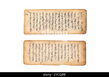 Two pages from a mongolian manuscript in fairly good but aged condition.   Mongolian script is said to be the only vertical script in the world.  Writ Stock Photo