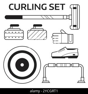 Curling Equipment Icons Set in Line Art Stock Vector