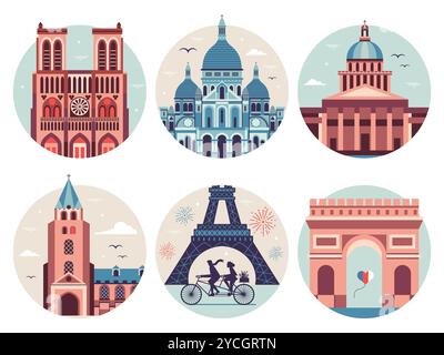 Paris Monuments and Landmarks Travel Icons Stock Vector