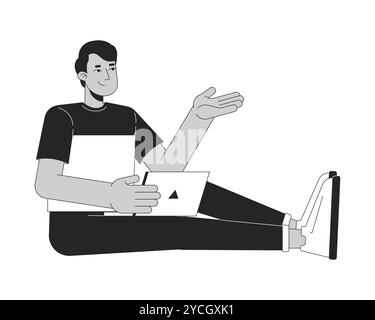 Indian young adult man with laptop sitting on floor black and white 2D line character Stock Vector
