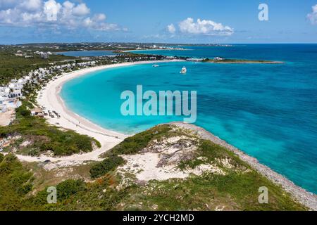 Aerial view of Maundays Bay and the circular beach at Cap Juluca in Anguilla. Stock Photo