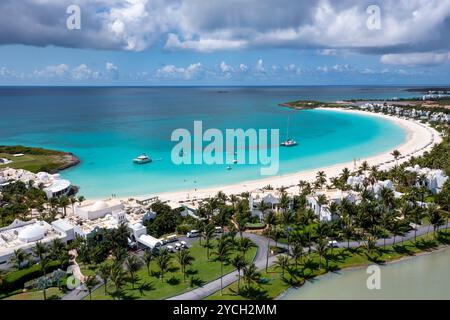Aerial view of Maundays Bay and the circular beach at Cap Juluca in Anguilla. Stock Photo