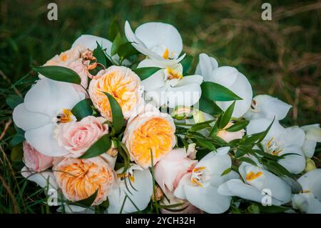 Beautifully Arranged Floral Bouquet with Vibrant Roses and Elegant Orchids. Stock Photo