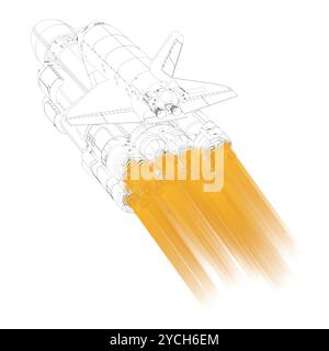 Contour of Space Shuttle Launch. Isometric view. Spaceship Vector illustration. Stock Vector