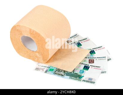 Roll of toilet paper and money isolated on white background Stock Photo