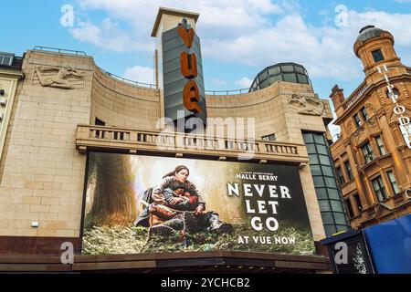 London, UK - September 29, 2024: The exterior of Vue Cinema displays a prominent movie poster for 'Never Let Go,' showcasing a dramatic and compelling scene with Halle Berry. Stock Photo