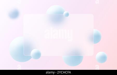 Glass morphism website landing page template. Frosted glass partition with floating spheres. Stock Vector