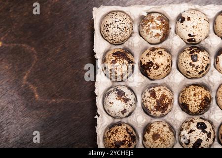 Many fresh speckled quail eggs in cardboard container Stock Photo