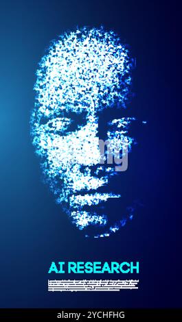 Low-poly digital face made of blue connected particles representing artificial intelligence research and technology. Stock Vector