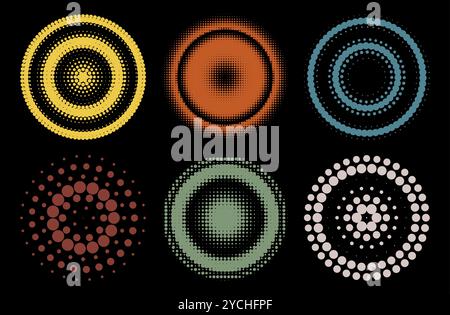 A vibrant vector halftone background set. circular patterns on a dark backdrop. Vector illustration Stock Vector