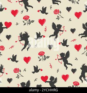 Valentines day seamless pattern with cupids and hearts. Love vector illustration Stock Vector