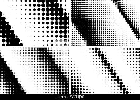 Stylish halftone gradient banners featuring diagonal patterns and varying dot sizes created in black and white for modern design projects. Vector illustration Stock Vector