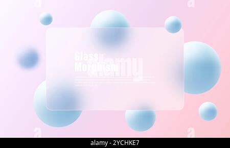 Website landing page template in glass morphism style. Frosted glass partition with floating spheres. Stock Vector