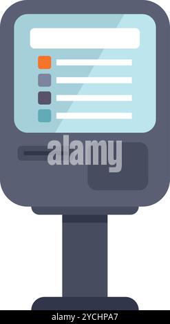 Information kiosk with a digital touchscreen interface is displaying an interactive menu for users to navigate options Stock Vector
