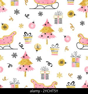 Seamless pattern with Christmas decorations. Vector holiday ornament with Santas sleigh, christmas tree, balls and gifts Stock Vector
