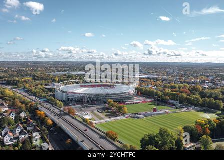 Leverkusen, North Rhine-Westphalia, Germany - October 2022: Aerial autumn view of BayArena, home stadium of Bundesliga football club Bayer 04 Stock Photo