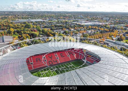 Leverkusen, North Rhine-Westphalia, Germany - October 2022: Aerial autumn view of BayArena, home stadium of Bundesliga football club Bayer 04 Stock Photo