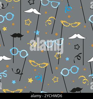 Seamless Birthday party pattern with photo booth props. Vector celebration backround Stock Vector