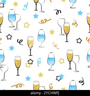 Champagne and wine glasses seamless pattern. Celebration vector background Stock Vector