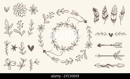 Cute floral decorative set isolated on white. Create your own compositions combining the isolated items. Arrows, feathers, wreaths, twigs and flowers. Stock Vector