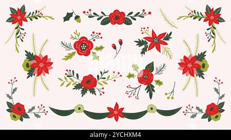 Cute hand-drawn floral christmas decorative elements. Flowers, leaves and twigs. Beautiful arrangements, perfect for greeting card design. Vector illu Stock Vector