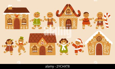 Hand-drawn gingerbread cookie set. Funny and cute collection of gingerbread men, women and Christmas houses. A collection of 12 items isolated on ligh Stock Vector