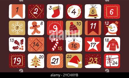 Hand-drawn Advent Calendar. Cute colorful buttons decorated with Christmas elements and seasonal items. Numbers 1 to 24. Stock Vector