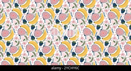 Joyful seamless pattern with bananas, figs, blackberries, white strawberries, pink flowers, and green leaves. Modern, organic vector style with flat colors and a playful, childlike design Stock Vector