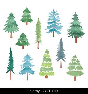 Pine tree and fir tree set. Vector hand drawn Christmas watercolor illustration Stock Vector