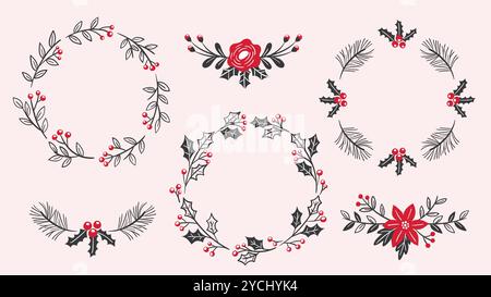 Christmas decorative items isolated. Hand-drawn cute Christmas floral wreaths and dividers in black and red colors. Vector illustration. Stock Vector