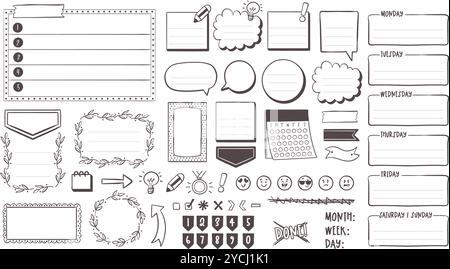 Cute hand-drawn items for planners and journals in doodle style. Includes blank notes, montly template, basic icons and daily frames. A total of 40 is Stock Vector