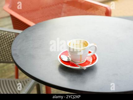 Lonely empty coffee cup with a spoon on a cafe table, finished coffee concept Stock Photo