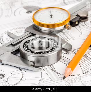 Ball bearings on technical drawing Stock Photo