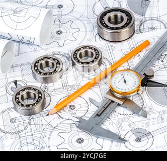 Ball bearings on technical drawing Stock Photo