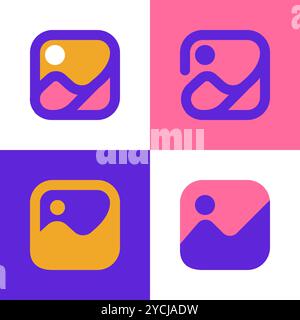 set of four creative image icons in different styles featuring bold colors and textured backgrounds Stock Vector