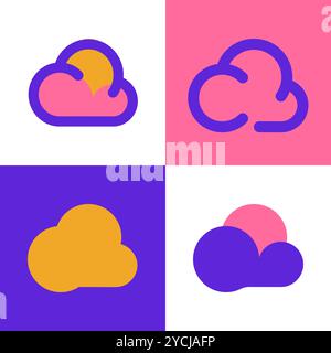 vibrant set of four cloud icons in various styles, featuring bold purple, pink, and orange colors Stock Vector