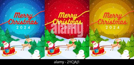 This Christmas 2024 design features Santa on a sleigh, reindeer, snowman, and festive trees under snowy skies. Available in three colorful backgrounds Stock Vector
