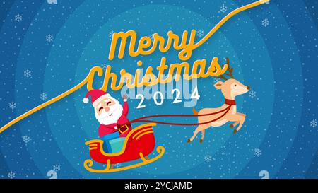 This Christmas 2024 design features Santa on a sleigh, reindeer, snowman, and festive trees under snowy skies. Available in three colorful backgrounds Stock Vector