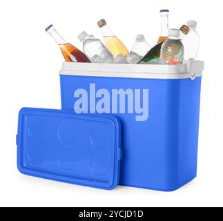 Many bottles of drinks in cooler box isolated on white Stock Photo